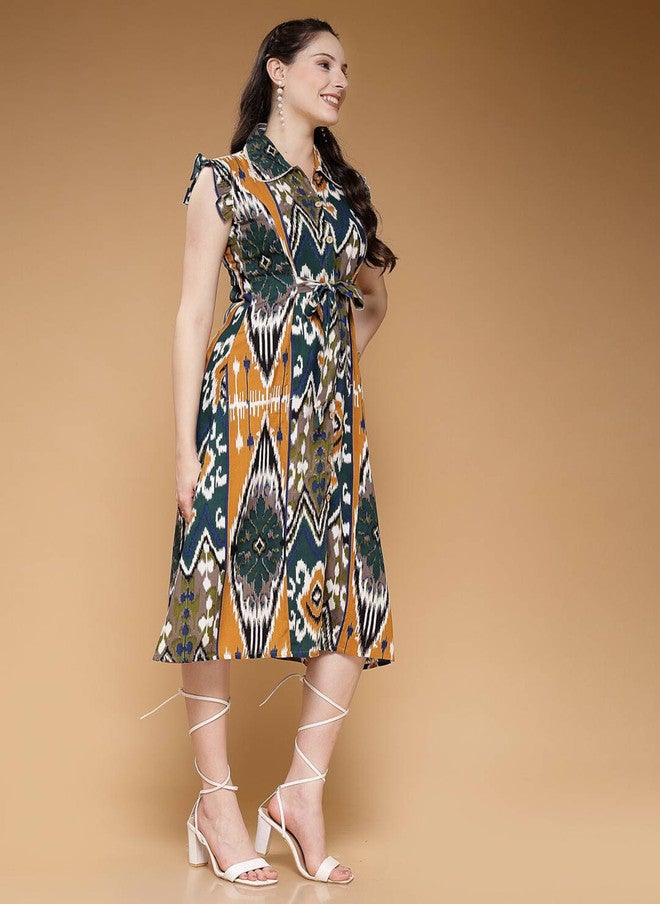 Indibelle Mustard Yellow Abstract Print Flutter Sleeve A-Line Dress - Image 4