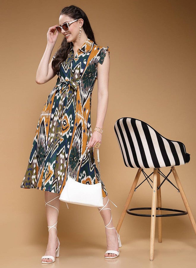 Indibelle Mustard Yellow Abstract Print Flutter Sleeve A-Line Dress - Image 1
