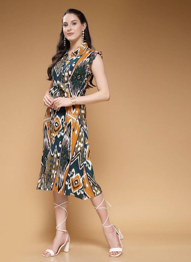 Indibelle Mustard Yellow Abstract Print Flutter Sleeve A-Line Dress - Image 5