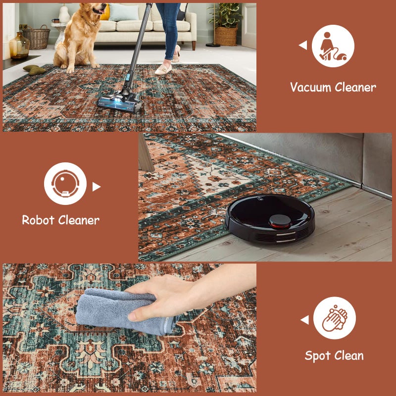 Moynesa Ultra-Thin Vintage Area Rug - 6x9 Washable Bedroom Rug Large Living Room Rug Non-Slip Dining Room Mat, Oriental Printed Low Pile Nursery Carpet for Office Kitchen Entryway, Brick Red/Dull Teal - Image 3