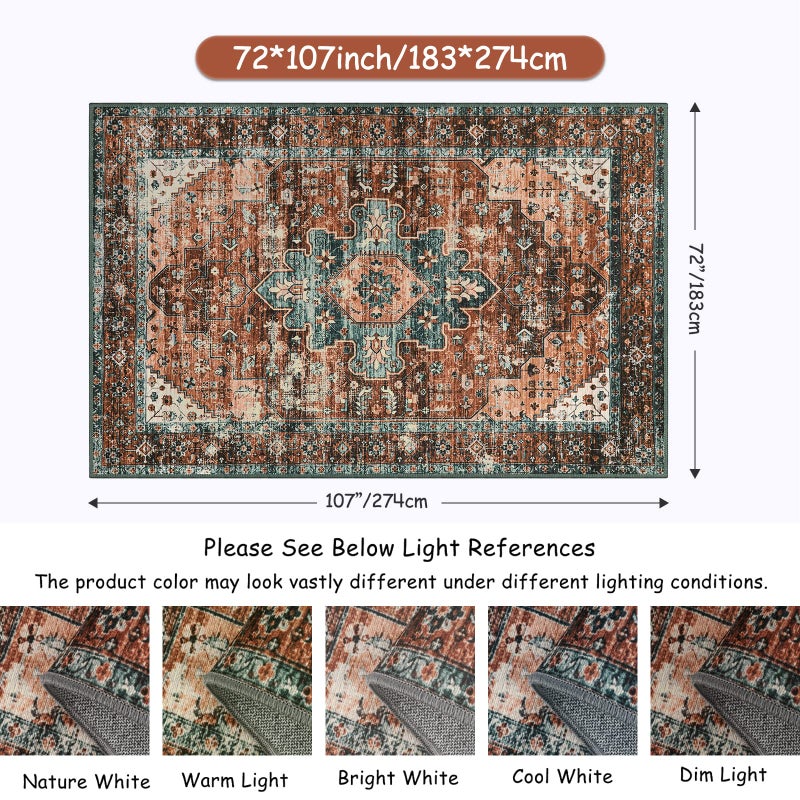 Moynesa Ultra-Thin Vintage Area Rug - 6x9 Washable Bedroom Rug Large Living Room Rug Non-Slip Dining Room Mat, Oriental Printed Low Pile Nursery Carpet for Office Kitchen Entryway, Brick Red/Dull Teal - Image 5