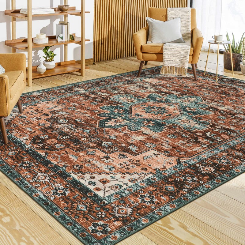 Moynesa Ultra-Thin Vintage Area Rug - 6x9 Washable Bedroom Rug Large Living Room Rug Non-Slip Dining Room Mat, Oriental Printed Low Pile Nursery Carpet for Office Kitchen Entryway, Brick Red/Dull Teal - Image 1