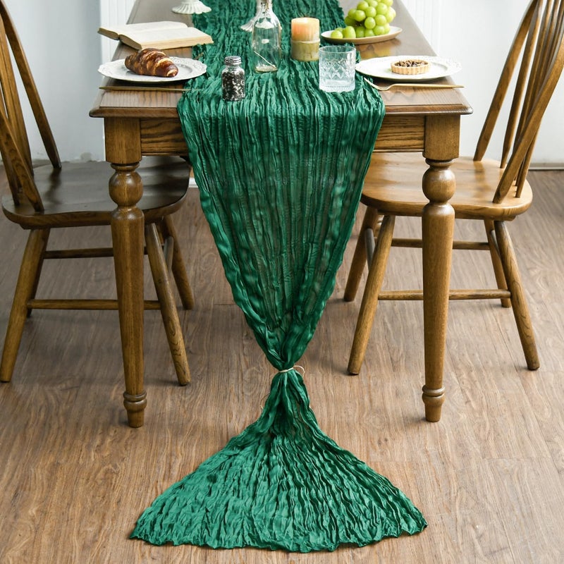 Artoid Mode Boho Emerald Green Gauze Wedding Cheesecloth Table Runner, 35x120 Inch Seasonal Fabric Kitchen Dining Holiday Table Decor for Home Party - Image 2