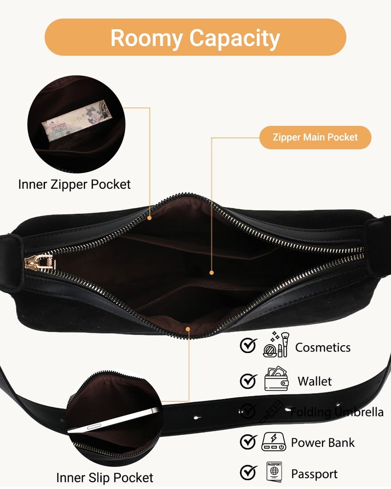 Herald Suede Crossbody Bag for Women, Vintage Hobo Handbag Crescent Shoulder Purses with Adjustable Strap Winter Fall (Suede Black) - Image 5