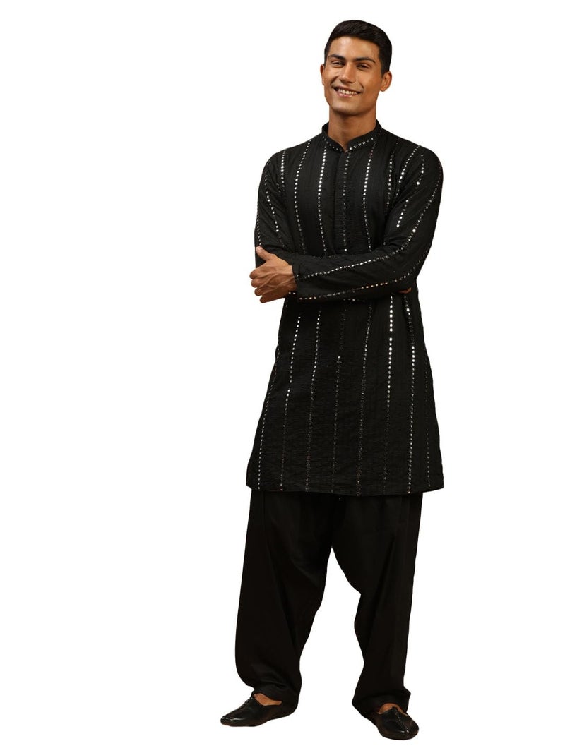 VASTRAMAY Men's Black Viscose Kurta and Patiala Set | Mirror Work Embellished Viscose Kurta for Men with Fluid Fabric Patiala - Image 1