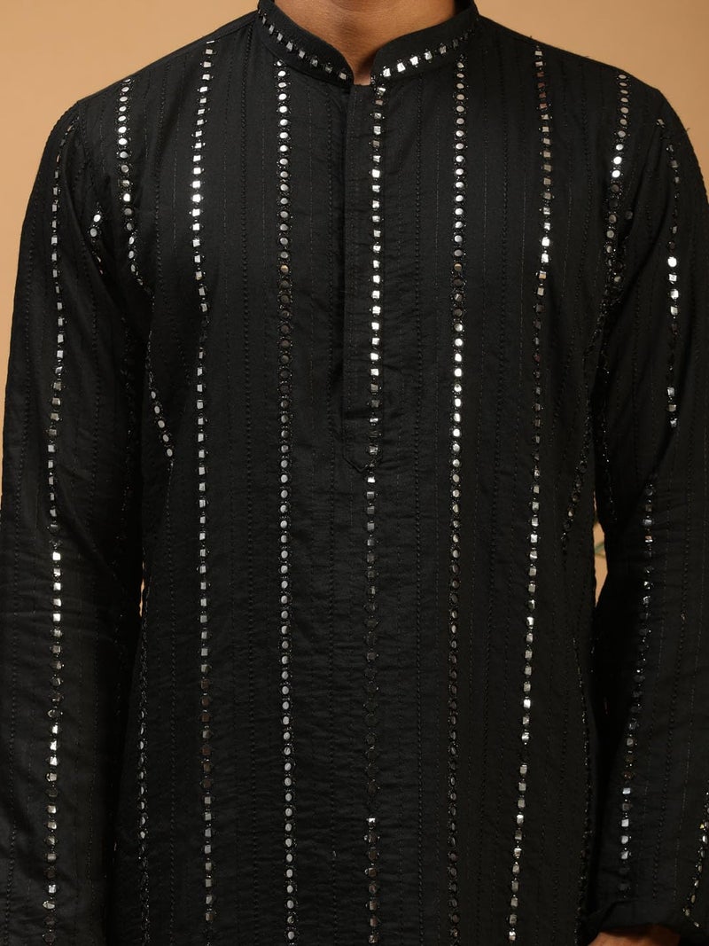 VASTRAMAY Men's Black Viscose Kurta and Patiala Set | Mirror Work Embellished Viscose Kurta for Men with Fluid Fabric Patiala - Image 4