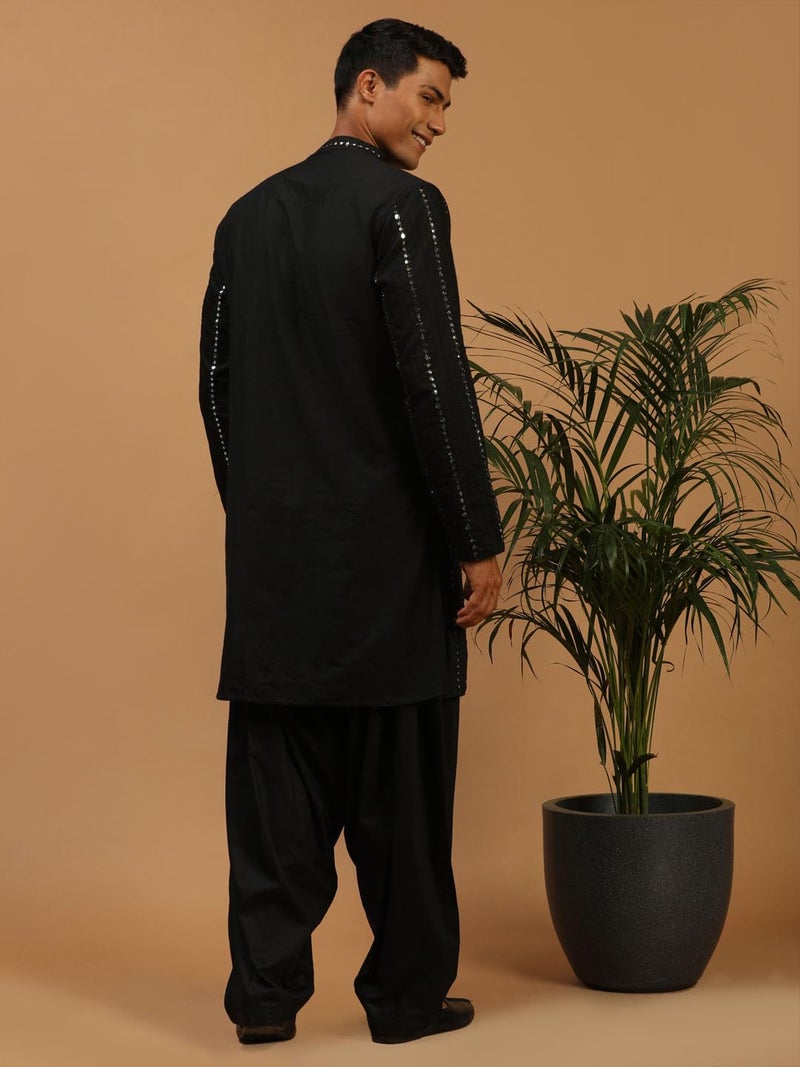 VASTRAMAY Men's Black Viscose Kurta and Patiala Set | Mirror Work Embellished Viscose Kurta for Men with Fluid Fabric Patiala - Image 3