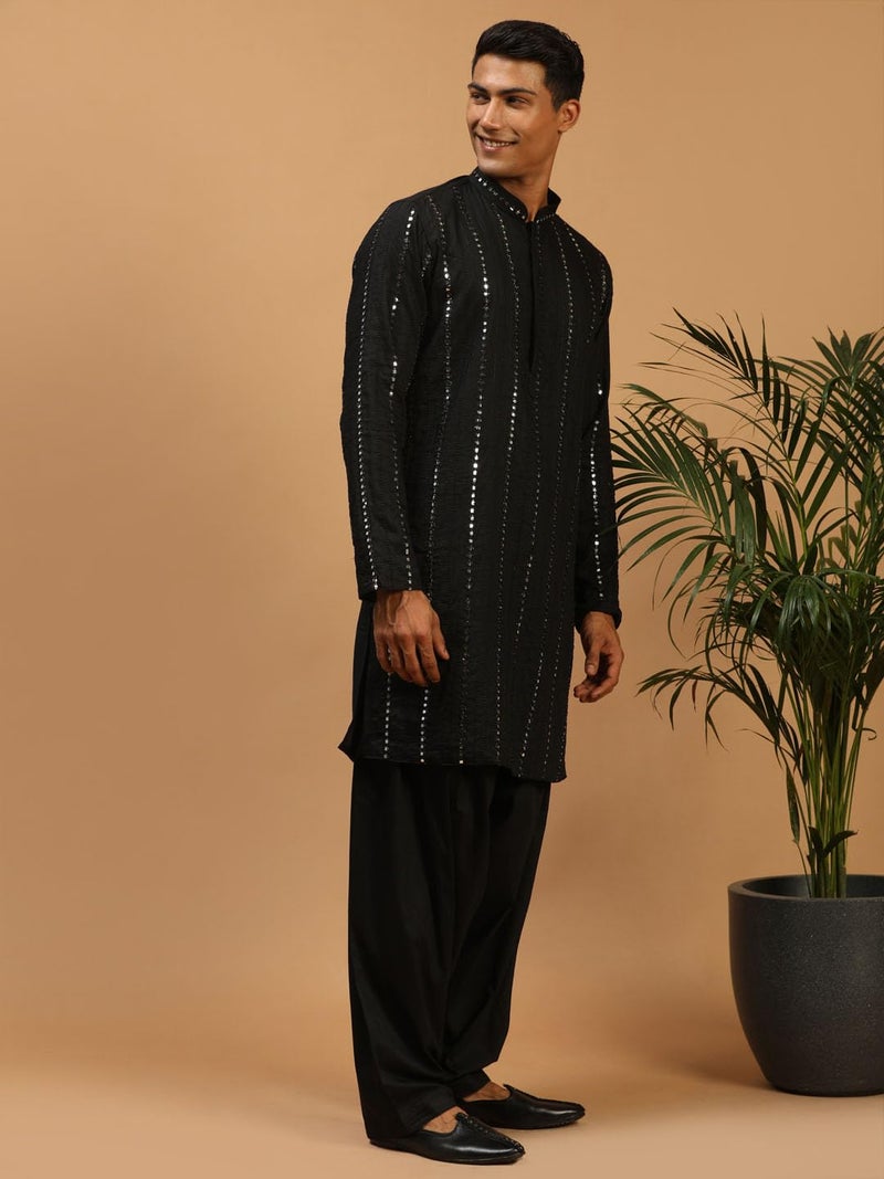 VASTRAMAY Men's Black Viscose Kurta and Patiala Set | Mirror Work Embellished Viscose Kurta for Men with Fluid Fabric Patiala - Image 2