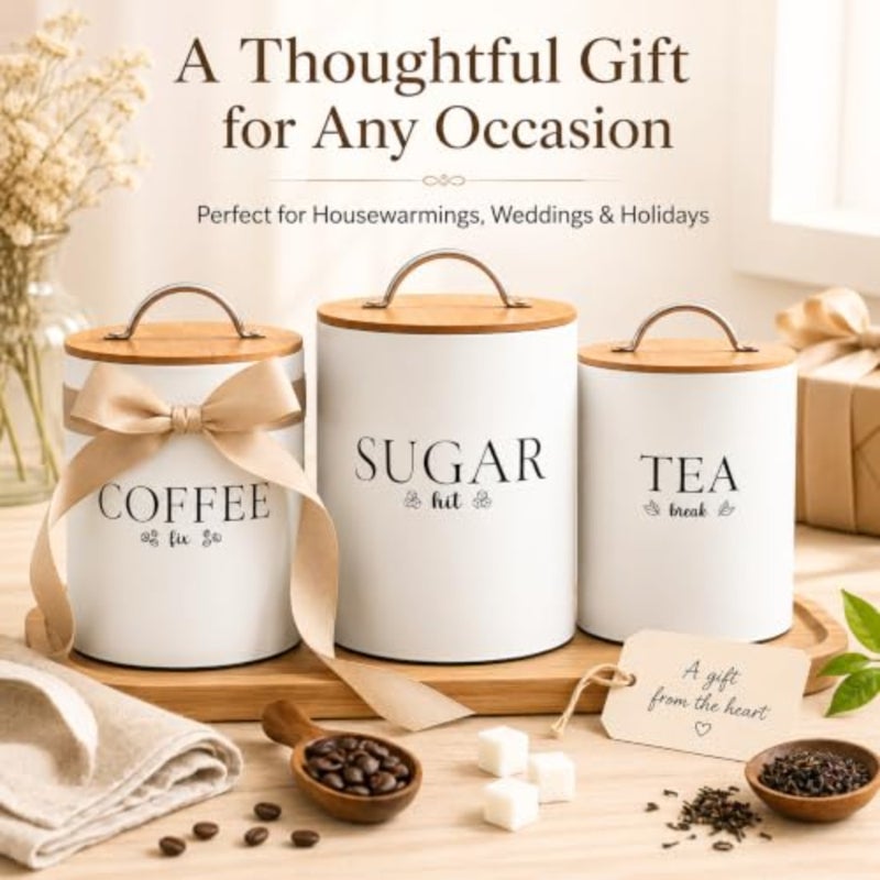 Farmhouse Airtight Canister Sets for Kitchen Counter, Decorative Canisters, Coffee Tea Sugar Container Rustic Farmhouse Canisters Jar Off White, Set of 3 - Image 5