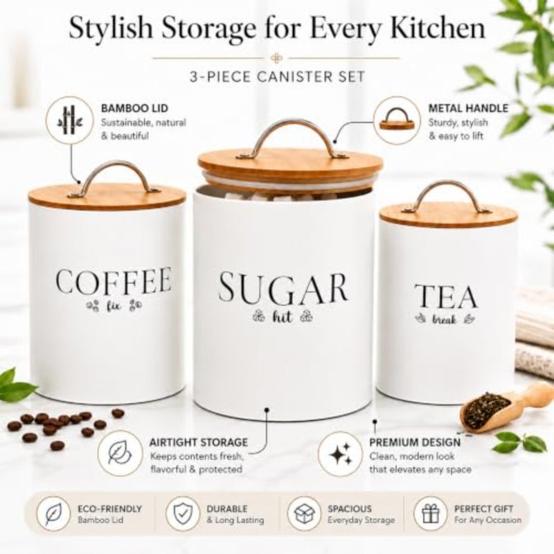 Farmhouse Airtight Canister Sets for Kitchen Counter, Decorative Canisters, Coffee Tea Sugar Container Rustic Farmhouse Canisters Jar Off White, Set of 3 - Image 2