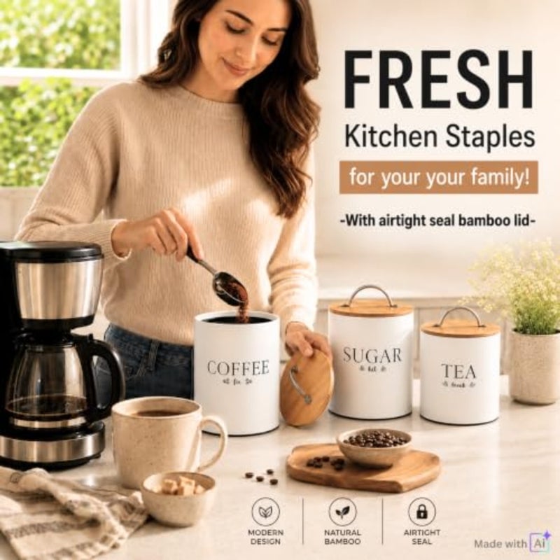 Farmhouse Airtight Canister Sets for Kitchen Counter, Decorative Canisters, Coffee Tea Sugar Container Rustic Farmhouse Canisters Jar Off White, Set of 3 - Image 4