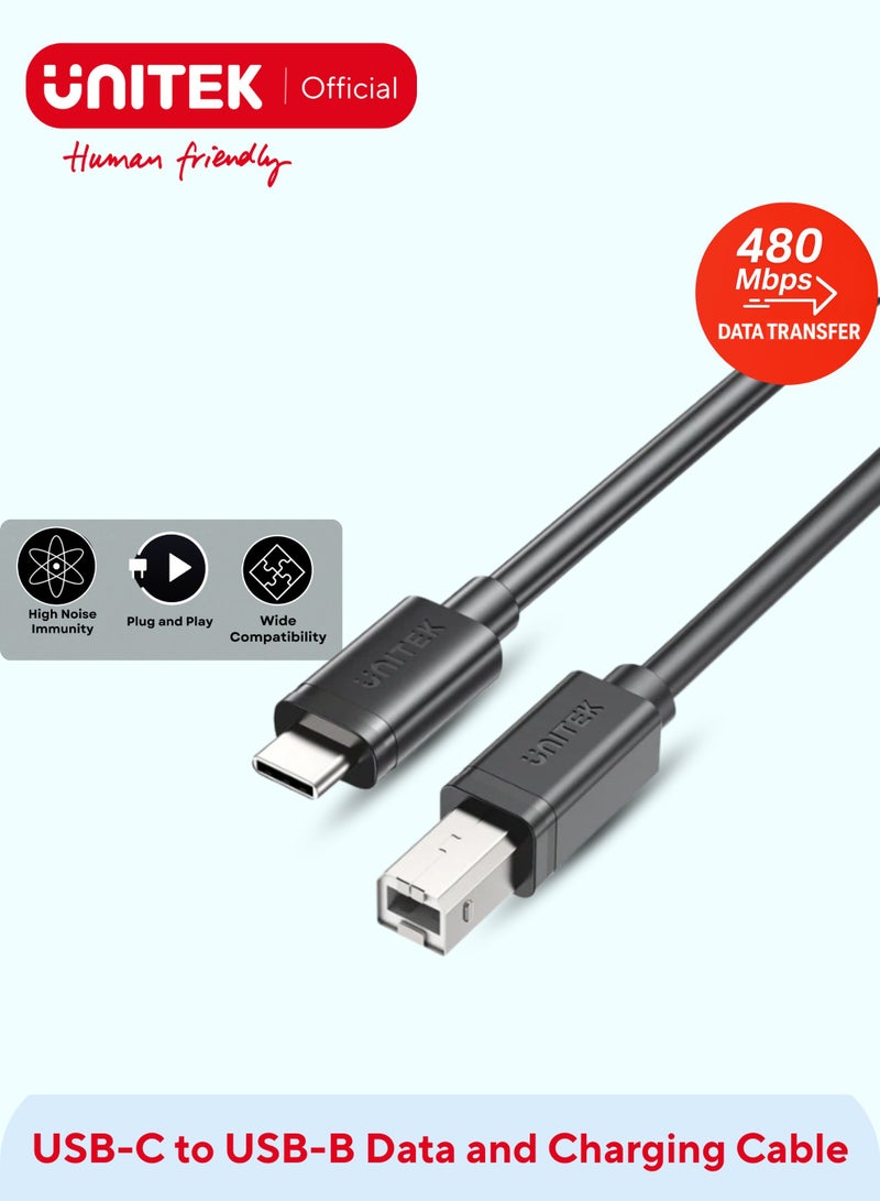 UNITEK كابل USB C إلى B، كابل طابعة USB C ذكر إلى ذكر USB B متوافق مع iPhone 16/15، سلسلة Samsung S24، MacBook، Dell، HP Spectre X2، Google Chromebook Pixel، Microsoft Surface Pro، لوحة مفاتيح MIDI، جهاز فك التشفير DAC - أسود - Image 1