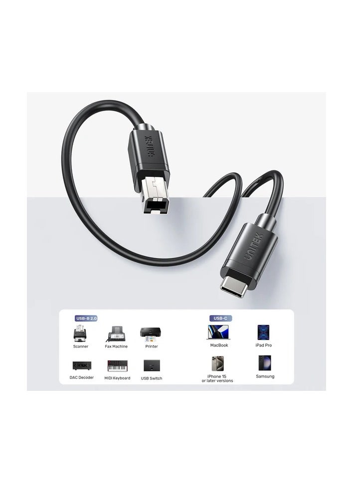UNITEK - USB C to B Cable, USB C Printer Cable Type C Male to USB B Male Lead Compatible With iPhone 16/15, Samsung S24 Series, MacBook, Dell, HP Spectre X2, Google Chromebook Pixel, Microsoft Surface Pro, MIDI Keyboard, DAC Decoder-  Black - Image 1