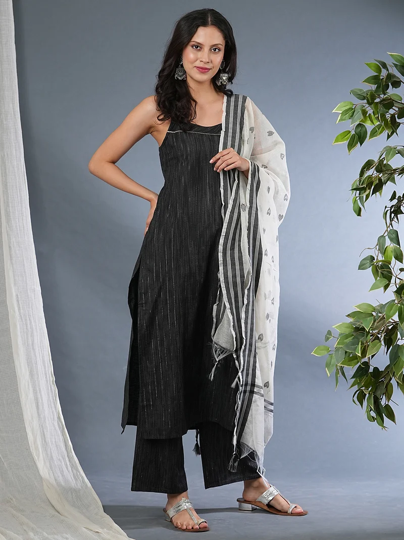 globus Women Strappy Self Design Yarndyed Straight Kurta With Pants & Dupatta