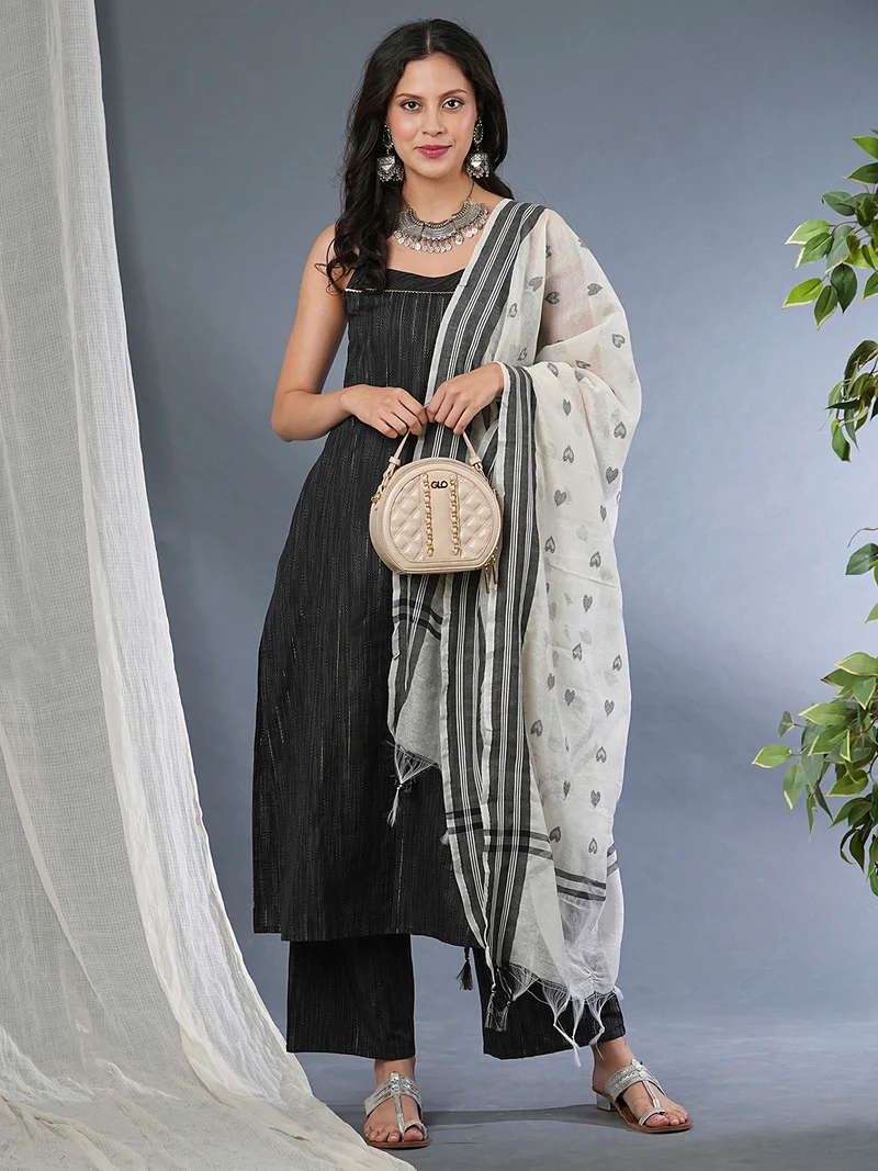 globus Women Strappy Self Design Yarndyed Straight Kurta With Pants & Dupatta