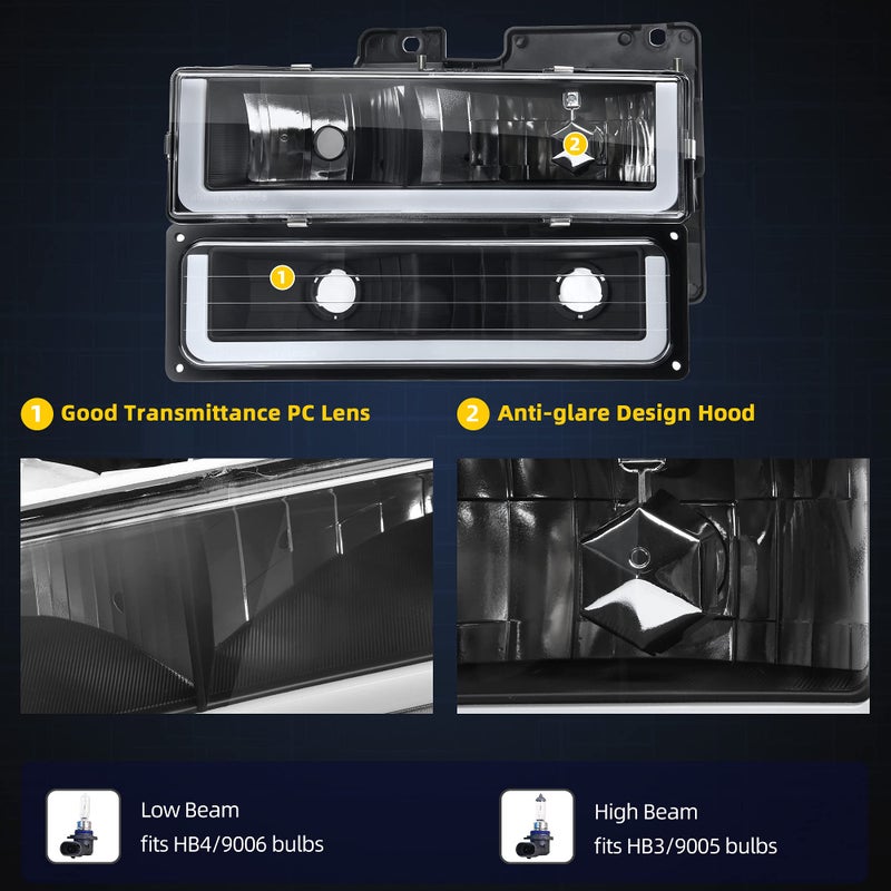 DWVO LED DRL Headlights Assembly Compatible with 1990-1999 Chevy Silverado C/K 1500 2500 3500/Suburban/Tahoe/GMC Yukon Headlamp Replacement Pair with Daytime Running Light - Image 2