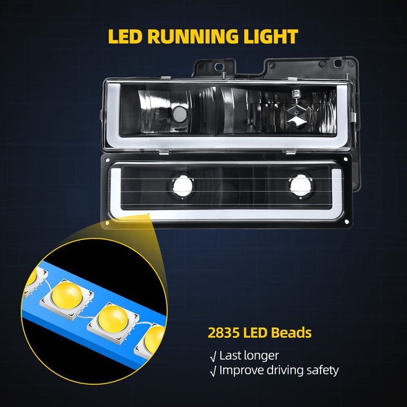 DWVO LED DRL Headlights Assembly Compatible with 1990-1999 Chevy Silverado C/K 1500 2500 3500/Suburban/Tahoe/GMC Yukon Headlamp Replacement Pair with Daytime Running Light - Image 4
