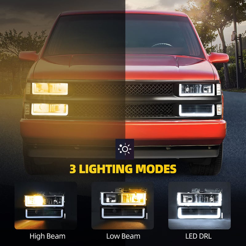 DWVO LED DRL Headlights Assembly Compatible with 1990-1999 Chevy Silverado C/K 1500 2500 3500/Suburban/Tahoe/GMC Yukon Headlamp Replacement Pair with Daytime Running Light - Image 5