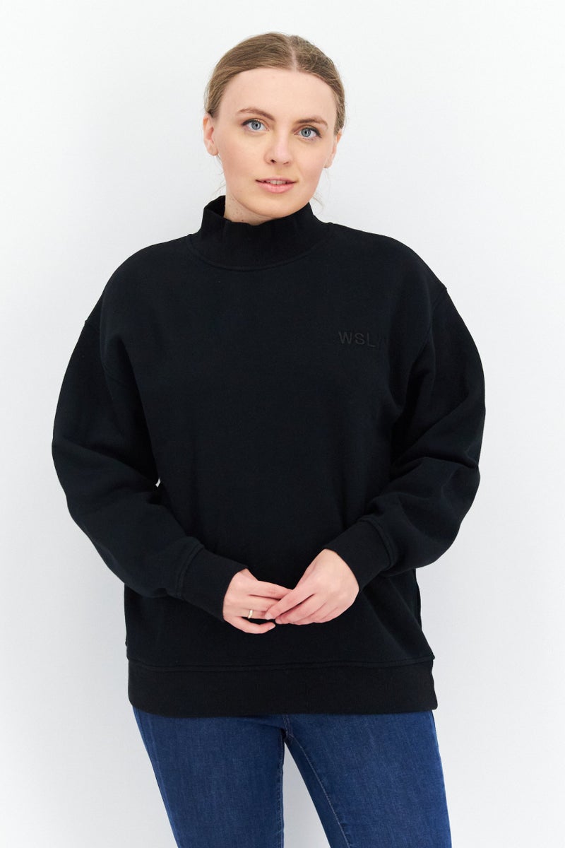WSLY Women Oversize Mock Neck Embroidered Long Sleeves Sweatshirt, Black - Image 1