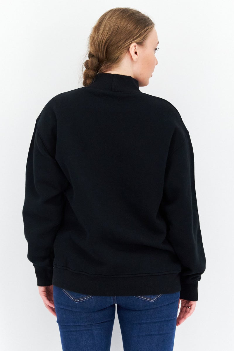 WSLY Women Oversize Mock Neck Embroidered Long Sleeves Sweatshirt, Black - Image 3