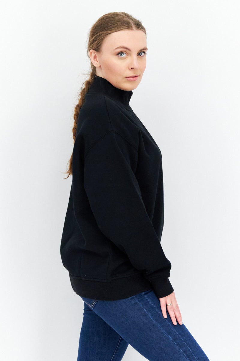 WSLY Women Oversize Mock Neck Embroidered Long Sleeves Sweatshirt, Black - Image 4