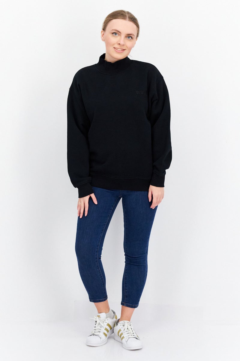 WSLY Women Oversize Mock Neck Embroidered Long Sleeves Sweatshirt, Black - Image 2