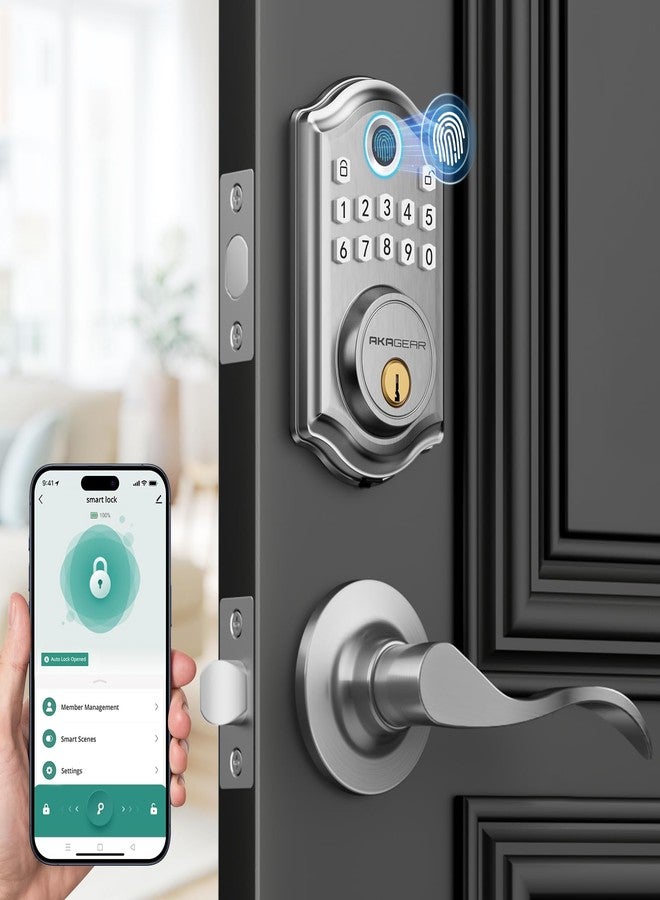 AkaGear DS10 Pro Keyless Entry Door Lock with Handle - 2 Lever Handles, Bluetooth APP Control, Fingerprint Door Locks, Electronic Keypad Deadbolt Lock, Smart Doors Lock, Auto-Lock, Satin Nickel