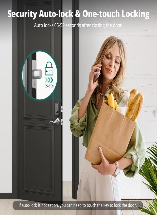 AkaGear DS10 Pro Keyless Entry Door Lock with Handle - 2 Lever Handles, Bluetooth APP Control, Fingerprint Door Locks, Electronic Keypad Deadbolt Lock, Smart Doors Lock, Auto-Lock, Satin Nickel - Image 3