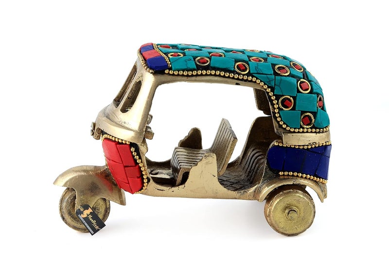 Two Moustaches Gemstone Work Vintage Style Brass Auto Rickshaw Miniature Brass Decor Showpiece 45 x 24 x 3 Inches Multicolored Standard Pack of 1 - Image 2