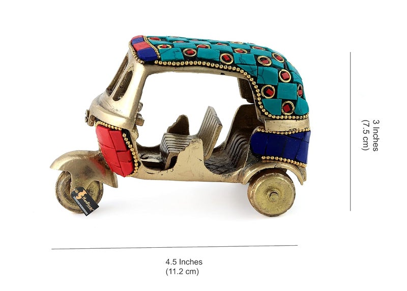 Two Moustaches Gemstone Work Vintage Style Brass Auto Rickshaw Miniature Brass Decor Showpiece 45 x 24 x 3 Inches Multicolored Standard Pack of 1 - Image 5