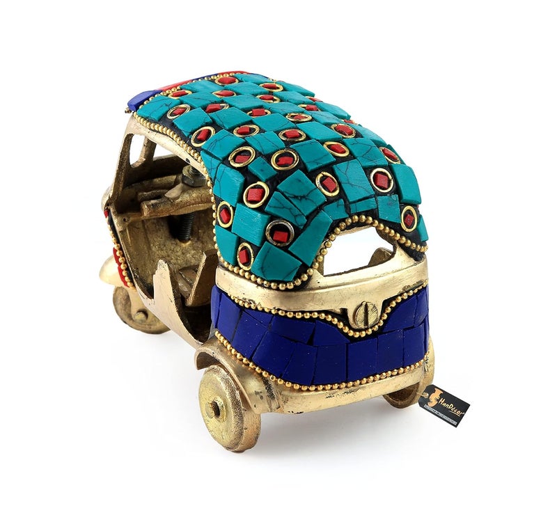 Two Moustaches Gemstone Work Vintage Style Brass Auto Rickshaw Miniature Brass Decor Showpiece 45 x 24 x 3 Inches Multicolored Standard Pack of 1 - Image 4