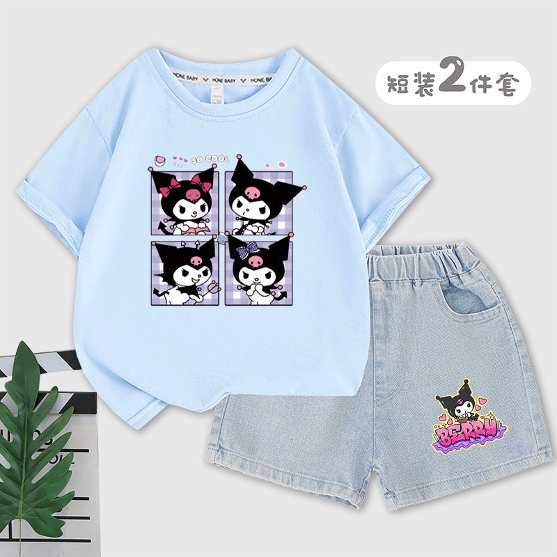 Kulomi Girls Suit Summer Cotton Children'S T-Shirt Denim Shorts Middle And Big Children'S Casual Suit - Image 2