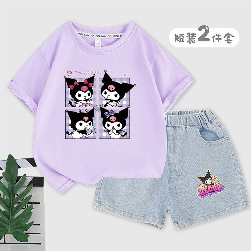 Kulomi Girls Suit Summer Cotton Children'S T-Shirt Denim Shorts Middle And Big Children'S Casual Suit - Image 5