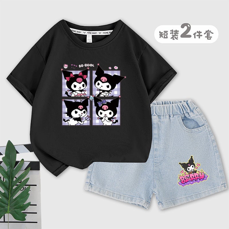 Kulomi Girls Suit Summer Cotton Children'S T-Shirt Denim Shorts Middle And Big Children'S Casual Suit - Image 1
