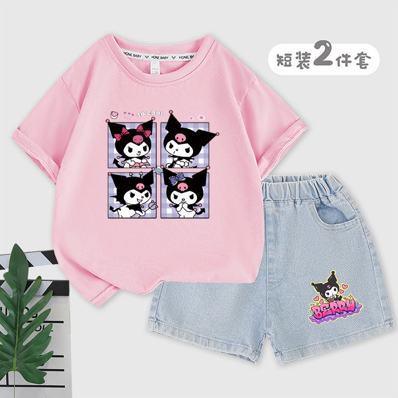 Kulomi Girls Suit Summer Cotton Children'S T-Shirt Denim Shorts Middle And Big Children'S Casual Suit - Image 3