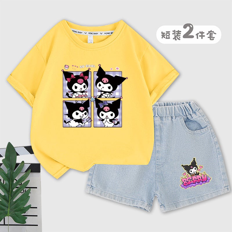 Kulomi Girls Suit Summer Cotton Children'S T-Shirt Denim Shorts Middle And Big Children'S Casual Suit - Image 4