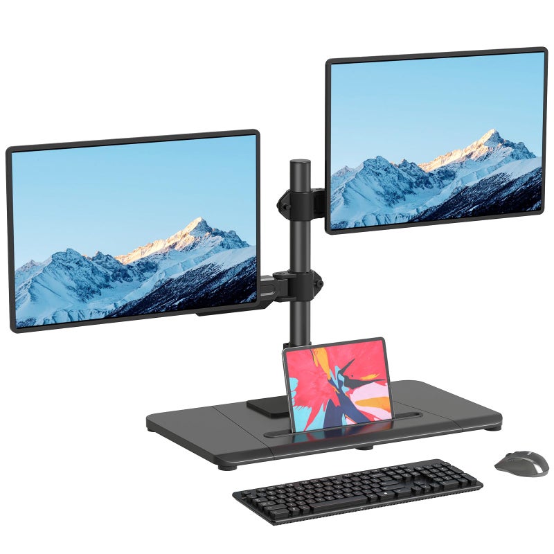 Pholiten Dual Monitor Stand with Wooden Base, Gas Spring Height Adjustable Arms, Each Holds 32 Inch Screen up to 22lbs, VESA Mount 75x75/100x100mm, Tilt/Swivel/Rotate - Ergonomic Desk Mount - Image 1