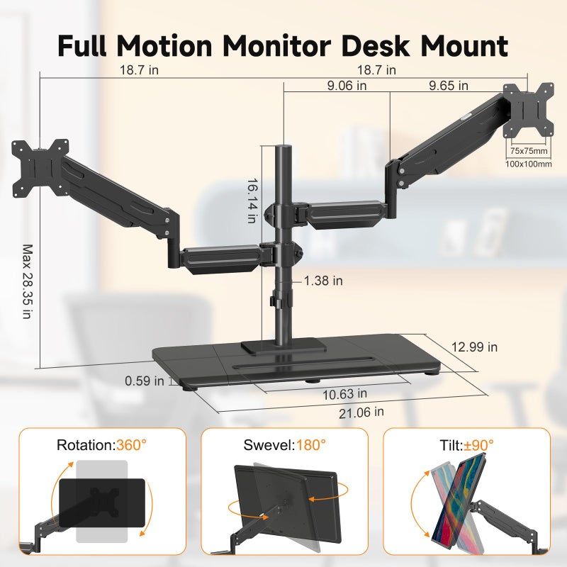 Pholiten Dual Monitor Stand with Wooden Base, Gas Spring Height Adjustable Arms, Each Holds 32 Inch Screen up to 22lbs, VESA Mount 75x75/100x100mm, Tilt/Swivel/Rotate - Ergonomic Desk Mount - Image 2