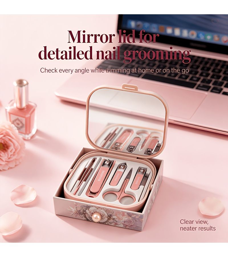 Pink Gift Box Nail Kit With Mirror Portable Nail Clipper Set Professional Toenail And Nail Care Tools For Women Ideal For Home Travel Use Birthday And Holiday Gifting - Image 1