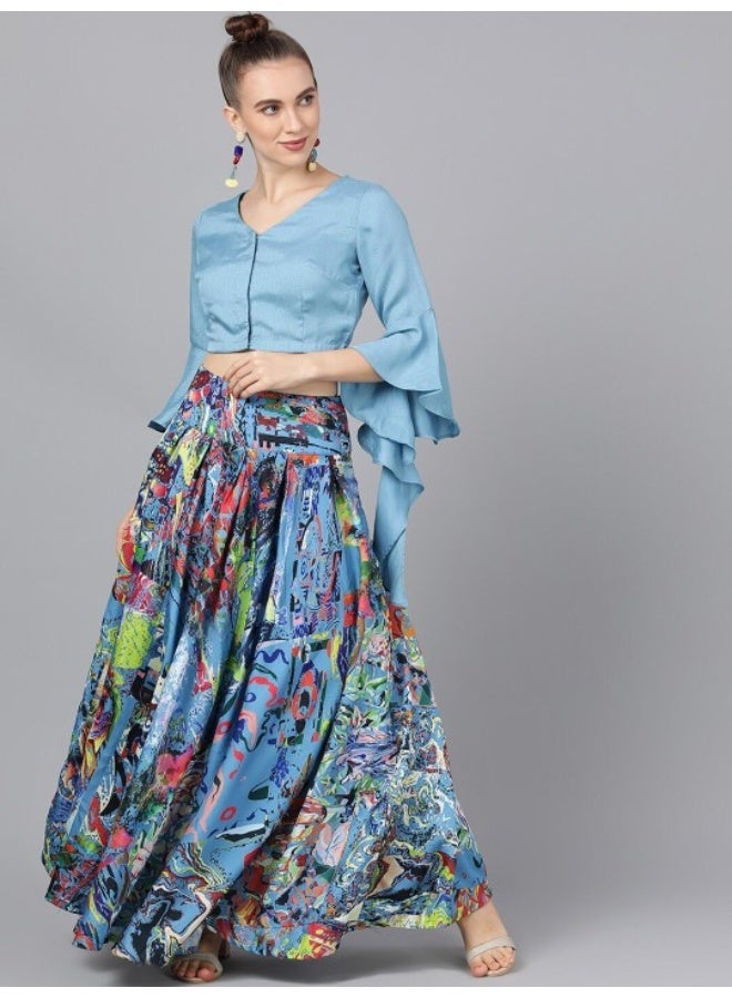 أيه كيه إس طقم ليجن بطباعة رقمية زرقاء مع بلوزة - Image 1