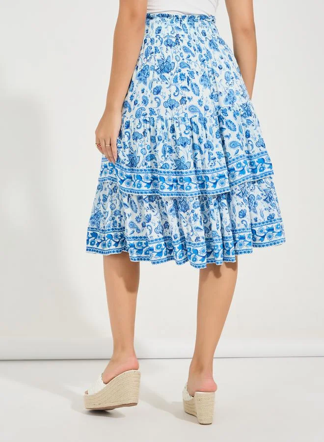 Styli Smocked Floral Print Cotton Knee Length Skirt