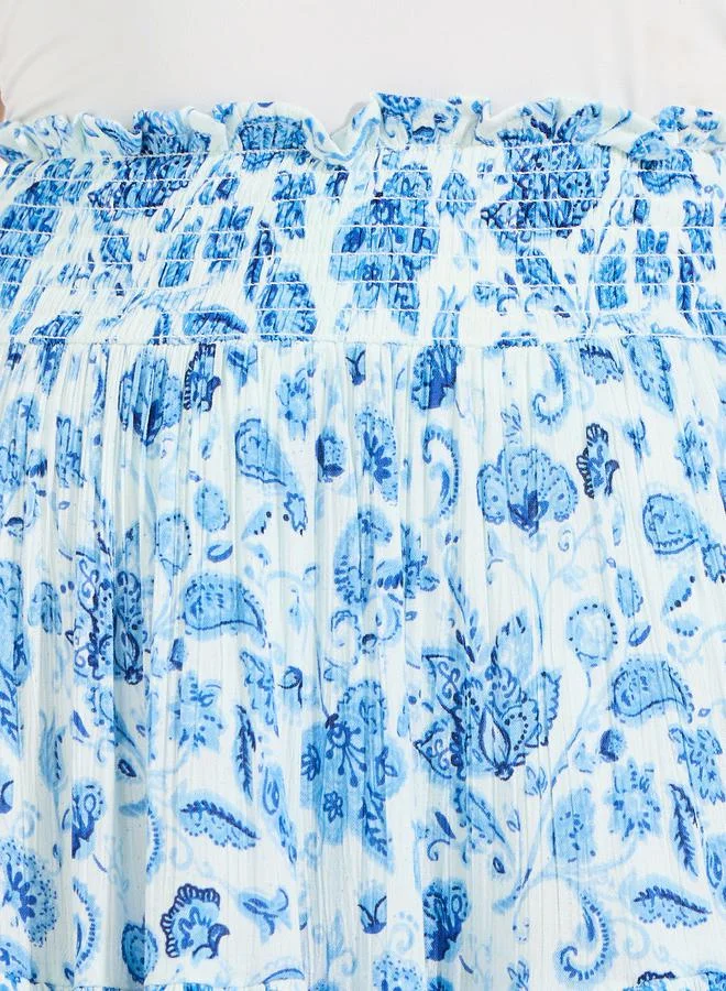 Styli Smocked Floral Print Cotton Knee Length Skirt