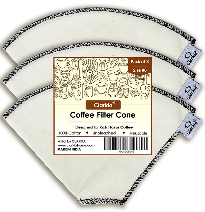 Clarkia 3 Piece Count #6 Cotton Cone Coffee Filters Unbleached All-Natural, Reusable Filter Pour Over Dripper - Eco-Friendly - Image 1