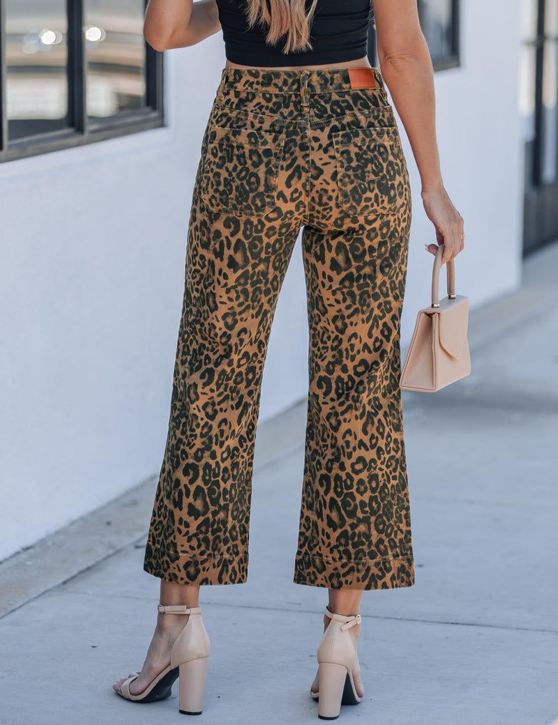 luvamia Leopard Wide Leg Jeans for Women Cheetah Print Stretch Cropped Animal Print Pants for Women Denim Patch Pocket High Waisted Flare Jeans Bronze Leopard Medium US Size 8-10 - Image 3
