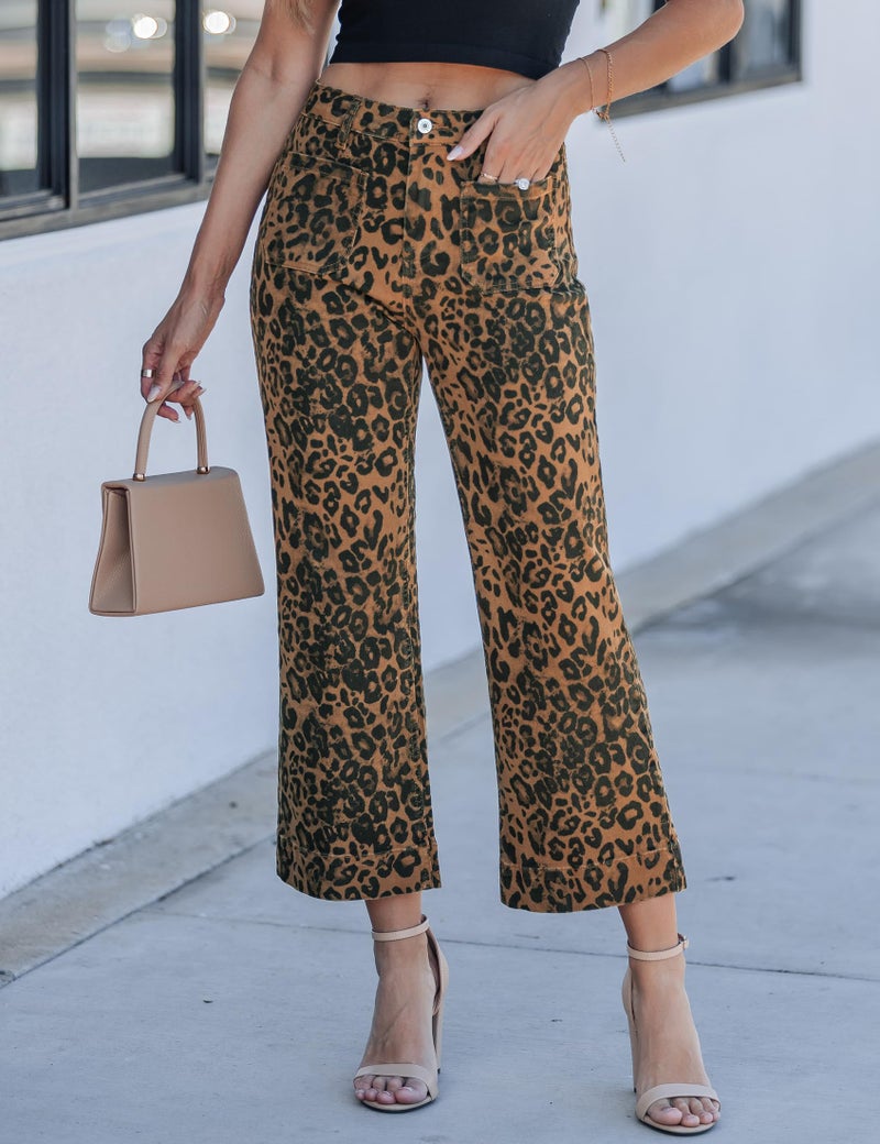 luvamia Leopard Wide Leg Jeans for Women Cheetah Print Stretch Cropped Animal Print Pants for Women Denim Patch Pocket High Waisted Flare Jeans Bronze Leopard Medium US Size 8-10 - Image 2