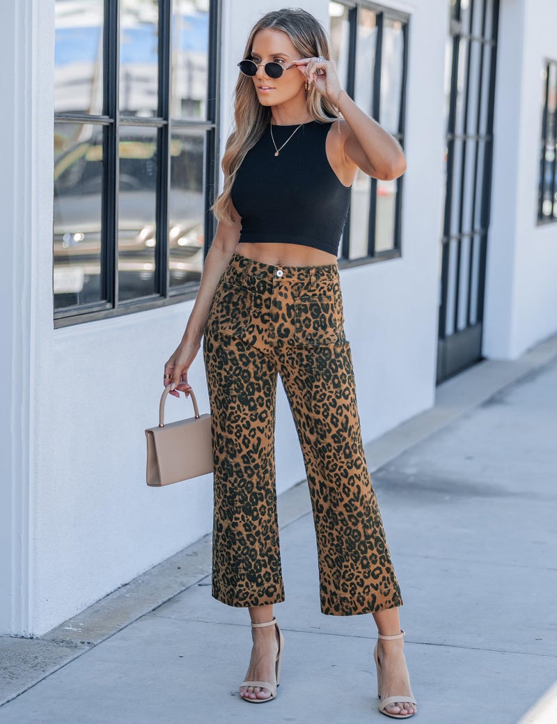 luvamia Leopard Wide Leg Jeans for Women Cheetah Print Stretch Cropped Animal Print Pants for Women Denim Patch Pocket High Waisted Flare Jeans Bronze Leopard Medium US Size 8-10 - Image 5