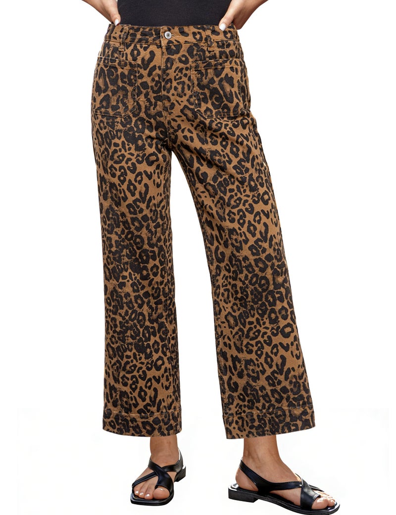 luvamia Leopard Wide Leg Jeans for Women Cheetah Print Stretch Cropped Animal Print Pants for Women Denim Patch Pocket High Waisted Flare Jeans Bronze Leopard Medium US Size 8-10 - Image 1
