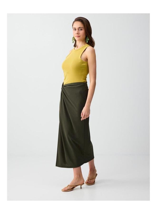 Jimmy Key Khaki Normal Waist Slit Detailed Modal Knit Midi Skirt. - Image 3