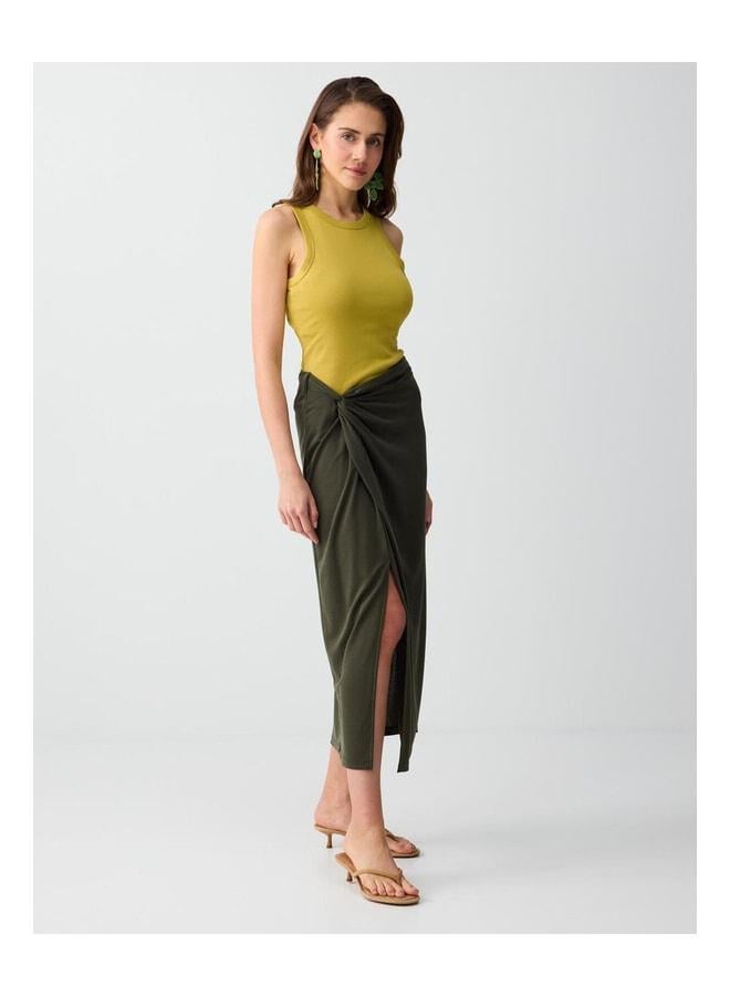 Jimmy Key Khaki Normal Waist Slit Detailed Modal Knit Midi Skirt. - Image 1