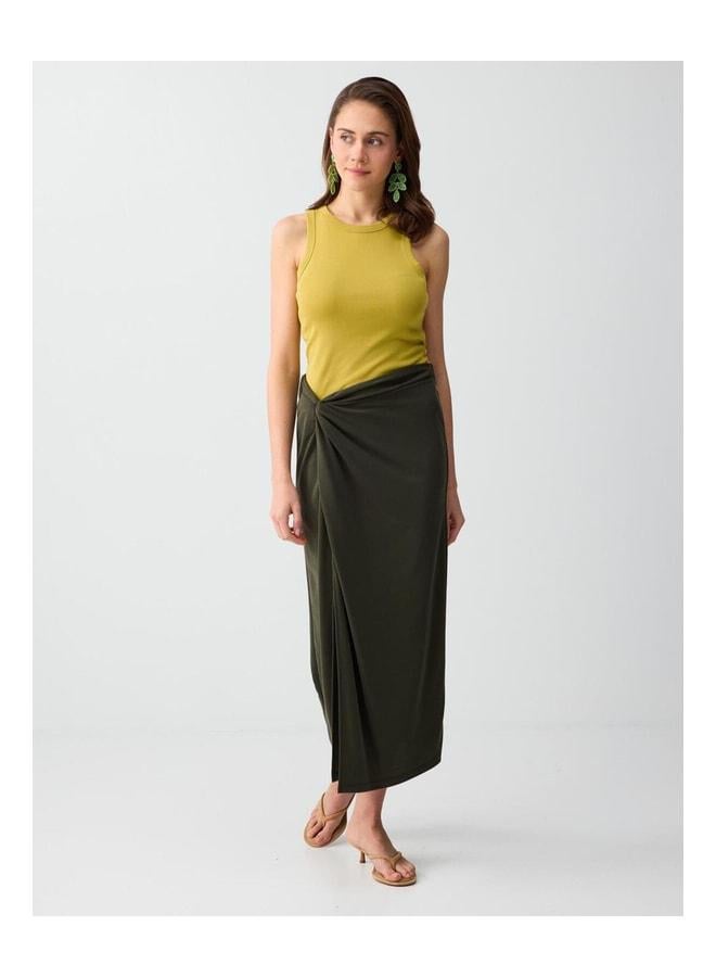 Jimmy Key Khaki Normal Waist Slit Detailed Modal Knit Midi Skirt. - Image 2